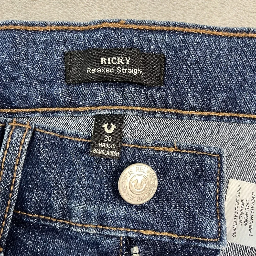 NWT True Religion Ricky Relaxed Straight Jeans Mens 30 (32x34) Medium Wash Flap